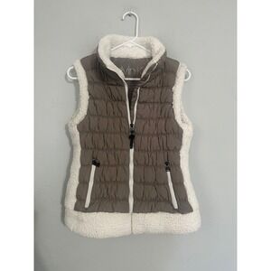 Calvin Klein Performance Womens Puffer Vest Sherpa Trim Taupe Zip Front Size M
